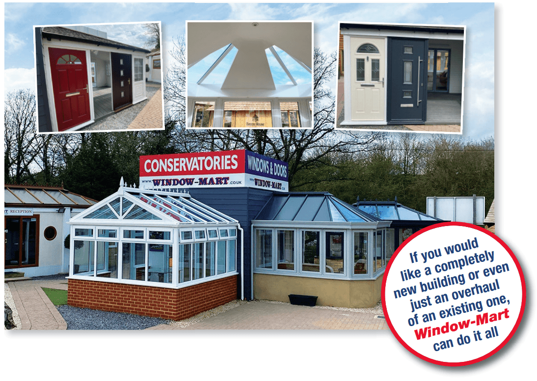 A conservatory showroom in Horsham featuring various conservatory styles, rooflights, uPVC options, and different door designs. A sign reads, Window-Mart can do it all for new builds or refurbishments of existing ones.
