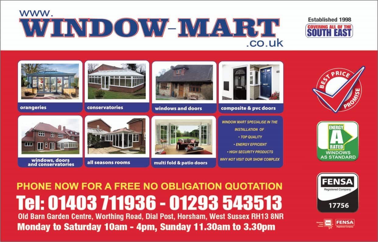 A promotional flyer for Window-Mart in Horsham featuring images of uPVC orangeries, conservatories, windows, doors, and patios. Contact numbers, store hours, FENSA accreditation, company branding, and service highlights are included.