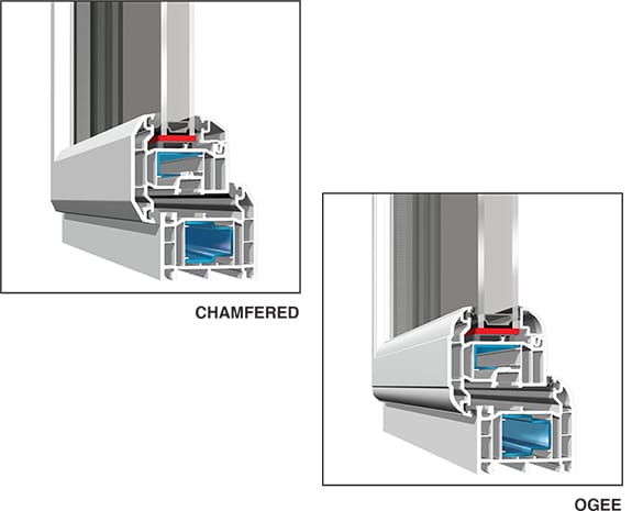 Diagram comparing two window profile cross-sections: the left labelled “Chamfered” with angled edges, and the right labelled “Ogee” with curved, decorative edges. Both uPVC profiles show internal structure in grey and blue, as seen in Horsham homes.