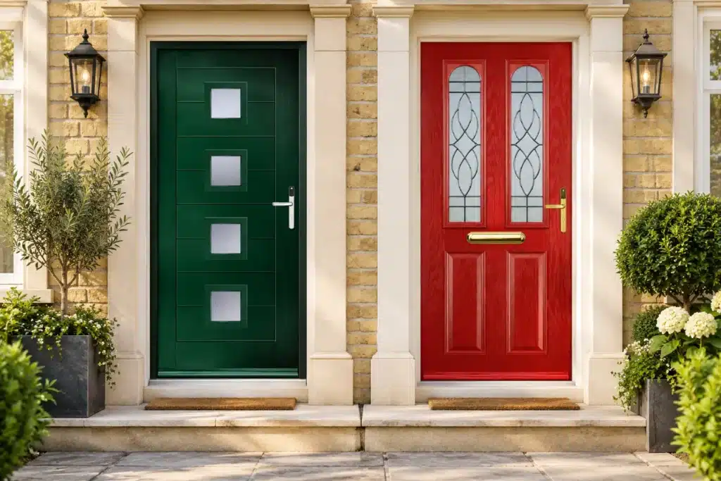Green and red composite door colours with modern and traditional glazing