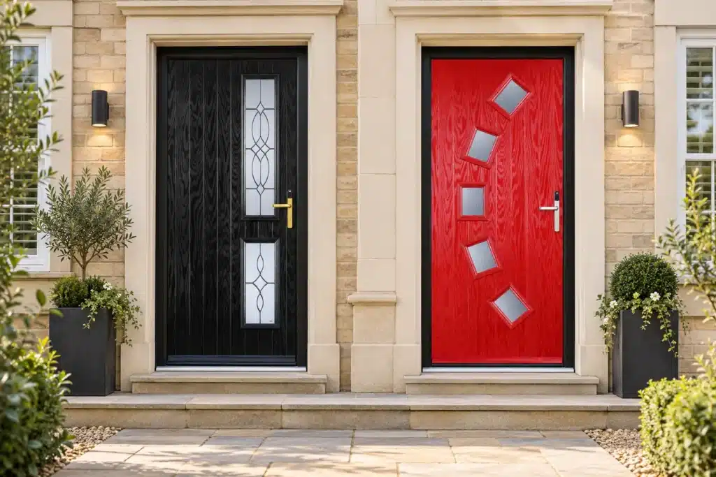Black and red composite door styles with decorative glazing and security hardware