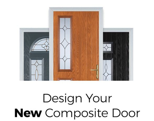 Three different composite doors in grey, wood, and black with glass panels are shown side by side - perfect for homes in Horsham. Text below reads: Design Your New uPVC Composite Door.