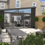Modern West Sussex garden with patio featuring a dining table, chairs, round fire pit, potted topiary trees, and wooden fencing. Glass-walled uPVC extension connects to the rear of a charming brick house.