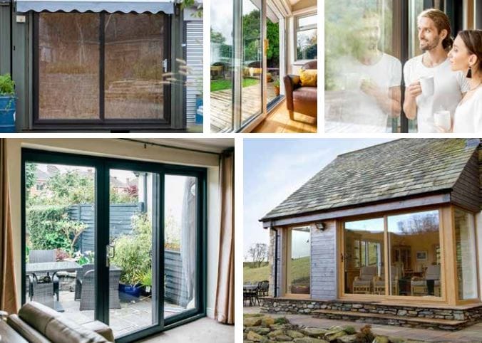 A collage of five images featuring uPVC sliding glass doors and windows in homes across West Sussex.