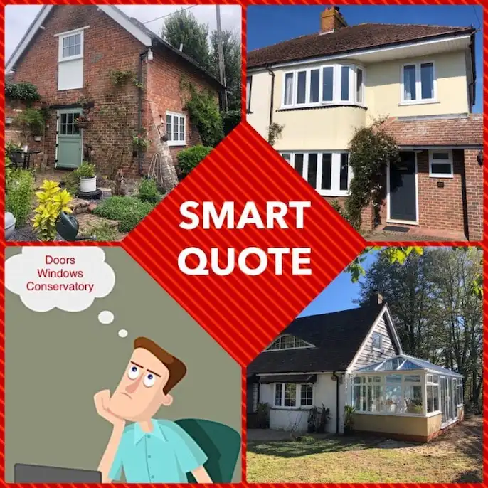 A collage featuring three houses in Horsham with various uPVC doors, windows, and conservatories, a cartoon man thinking about home improvements, and the words SMART QUOTE in bold white letters on a red background.