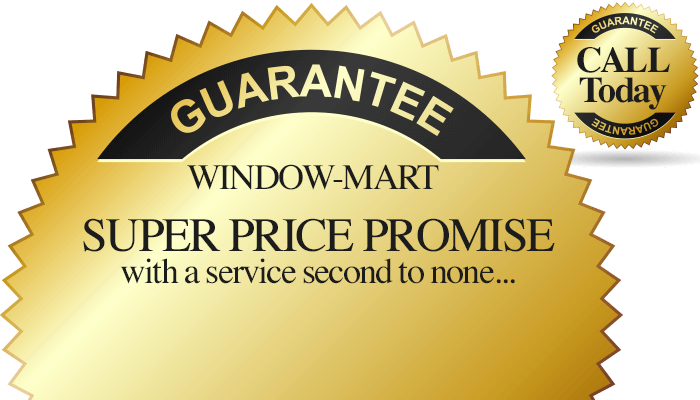 A gold, starburst-shaped seal labelled GUARANTEE and WINDOW-MART SUPER PRICE PROMISE highlights our uPVC service second to none in Horsham... with a smaller circle reading CALL Today GUARANTEE in the upper right corner.