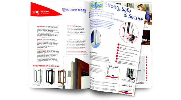 A magazine is open to two pages showing uPVC windows and doors, including safety features. The colourful layout has headings, bullet points, and illustrations - perfect inspiration for your Crawley home projects.